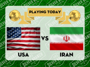 Image USA flag next to Iran flag to promote watching the world cup at Silver Branch