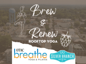 Image text indicates a "Brew and Renew" Rooftop Yoga Event at Silver Branch in Warrenton on September 25