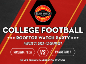 Image depicts a dynamic red and black background with a Silver Branch Warrenton station logo. Text describes a college football rooftop party event on August 31st at noon