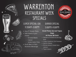 Black decorative background with white text explaining the menu for restaurant week at Silver Branch Warrenton Station