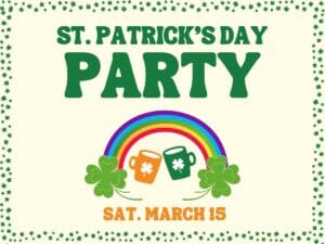Image depicts text promoting a St Patrick's Day Party at Silver Branch Brewing all Day Saturday March 15th.