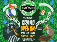 A festive graphic depicting a Grand Opening Weekend May 30th - June 1 at the new Silver Branch Rockville Beerworks location. The image includes pictures of gnomes and animals playing instruments with banners reading